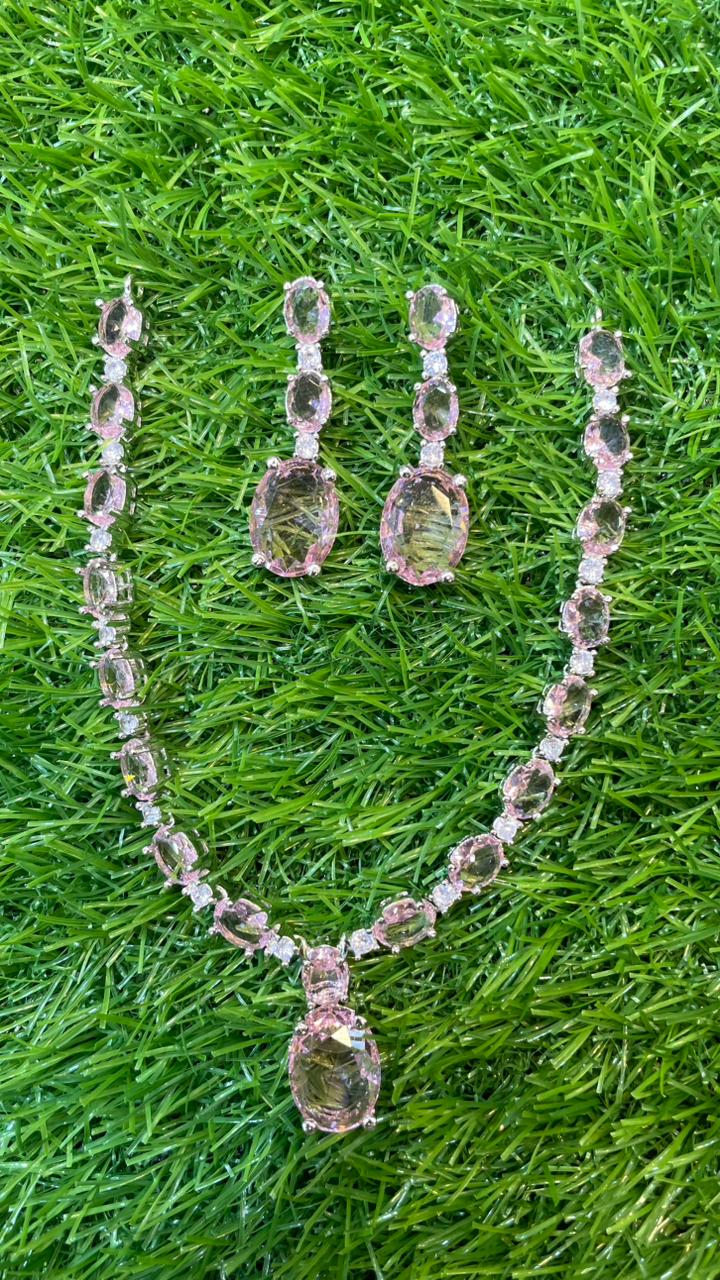 Pink Colour One Carat Necklace Set With Earrings