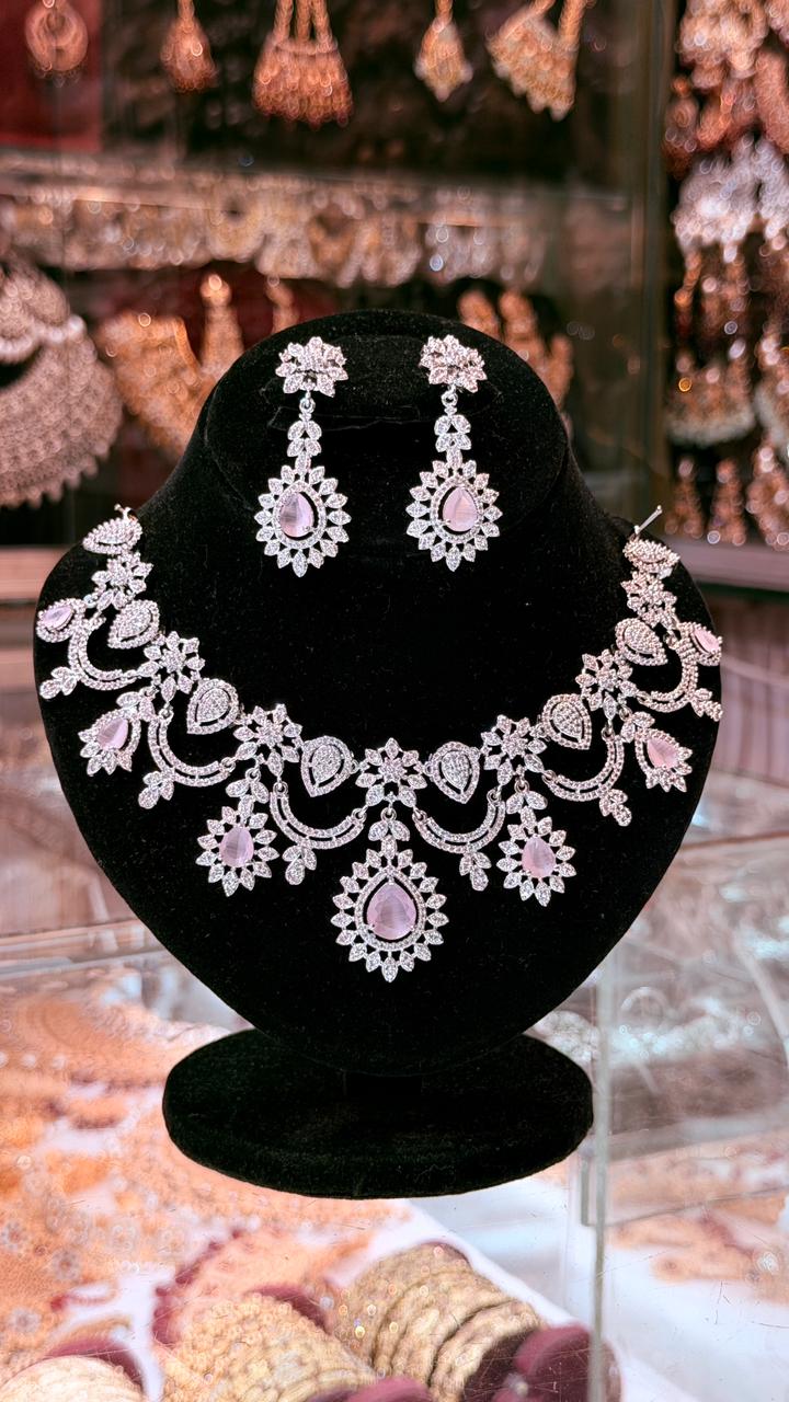 Pink Colour One Carat Necklace Set With Earrings
