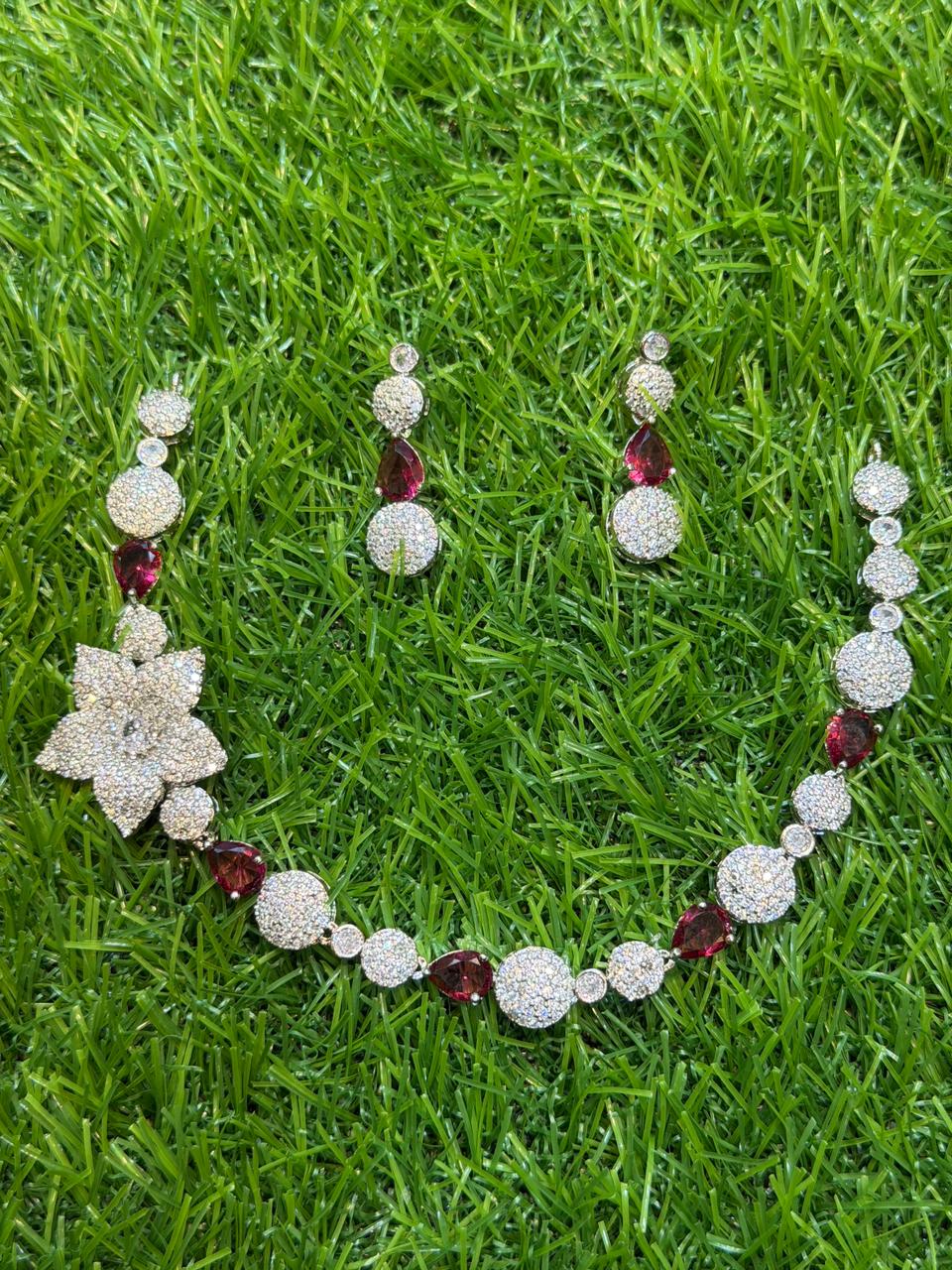 Crystal Red Colour One Carat Necklace Set With Earrings
