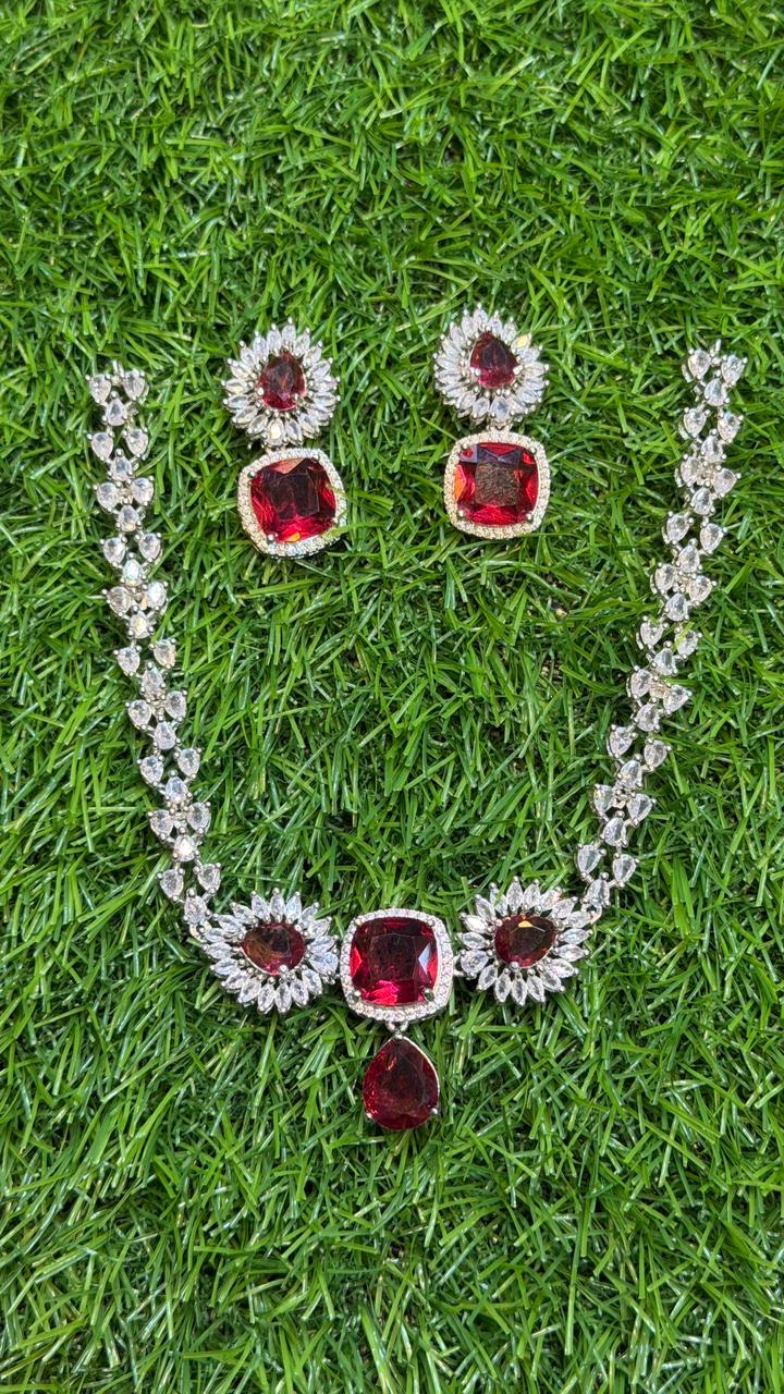 Red Colour One Carat Necklace Set With Earrings