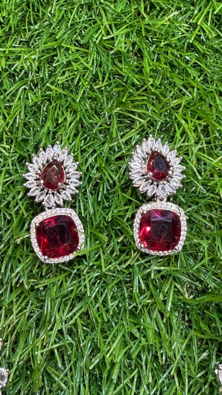 Red Colour One Carat Necklace Set With Earrings