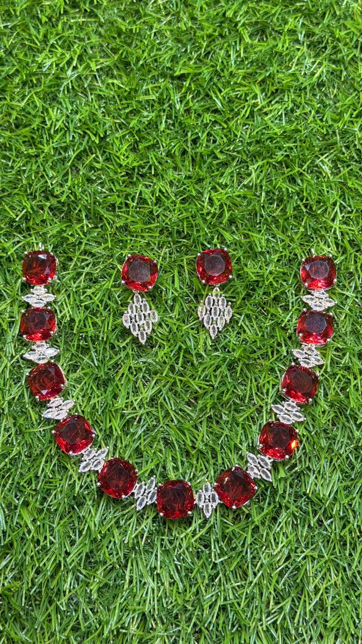 Red Colour One Carat Necklace Set With Earrings