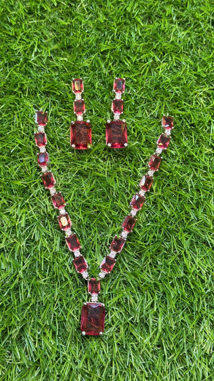 Red Colour One Carat Necklace Set With Earrings