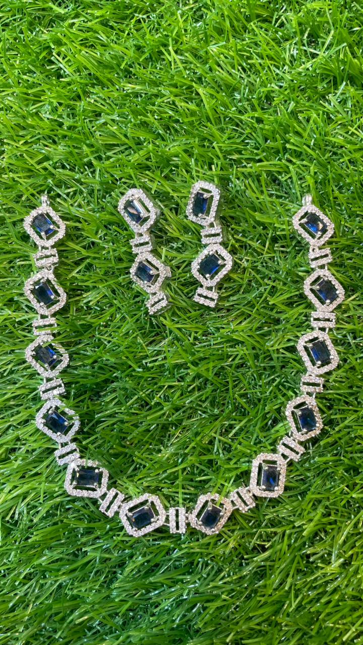 Navy Blue Colour One Carat Necklace Set With Earrings