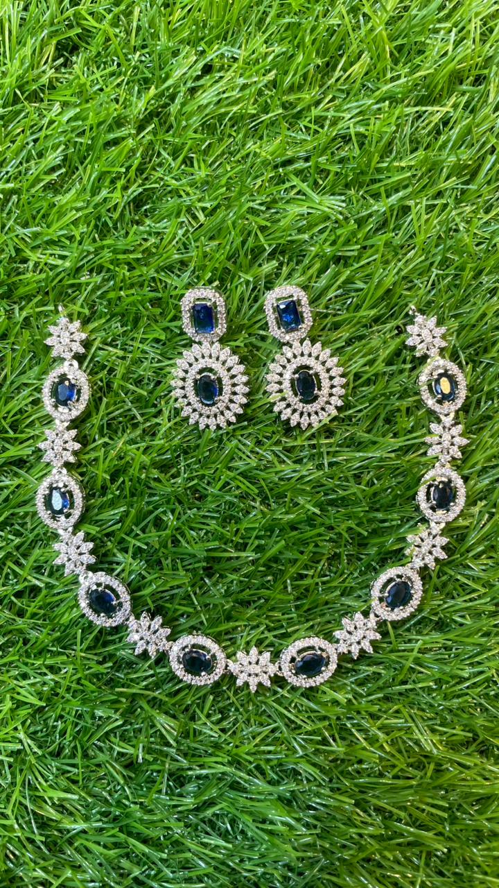 Navy Blue Colour One Carat Necklace Set With Earrings
