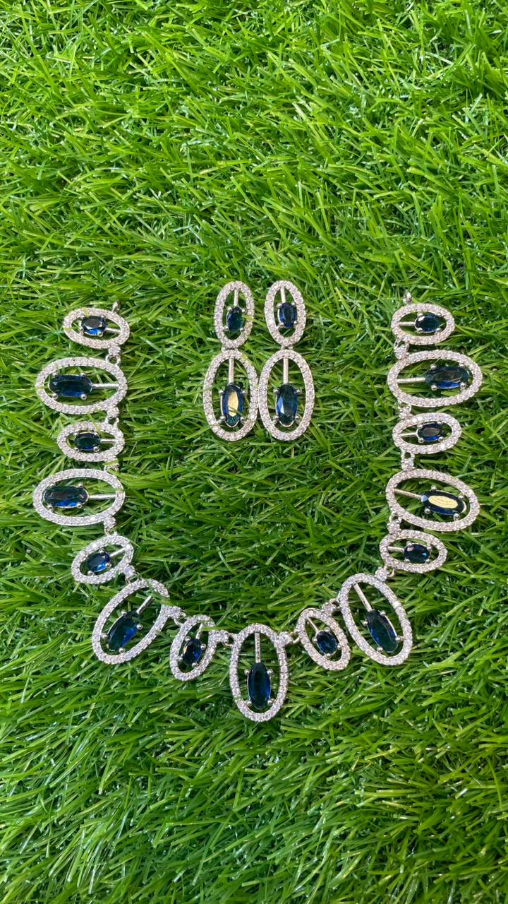 Navy Blue Colour One Carat Necklace Set With Earrings