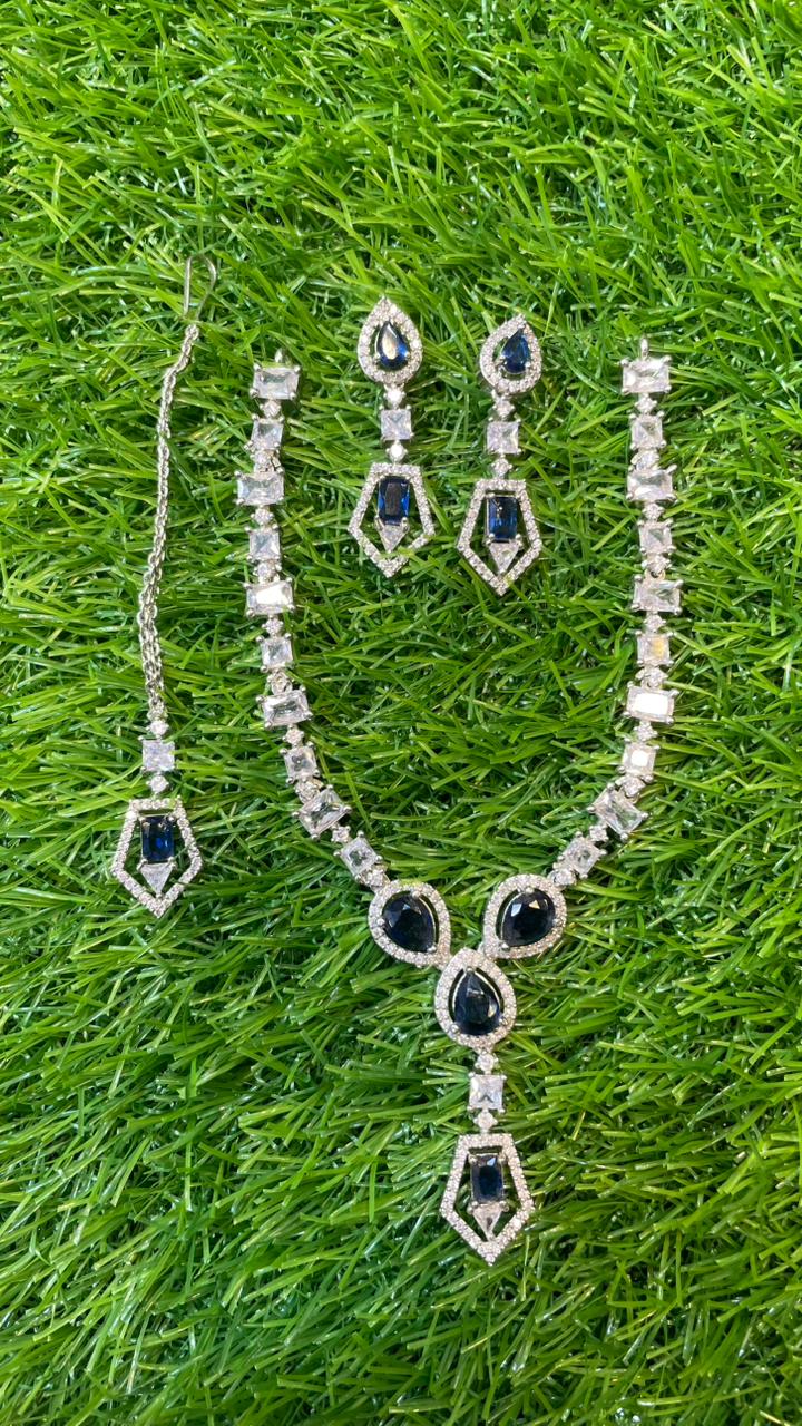 Navy Blue Colour One Carat Necklace Set With Earrings