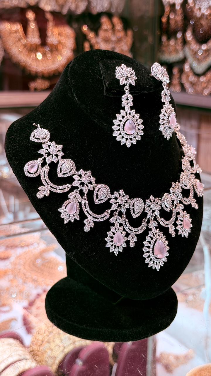 Pink Colour One Carat Necklace Set With Earrings