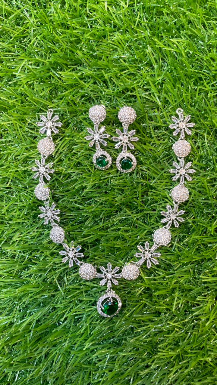 Green Colour One Carat Necklace Set With Earrings