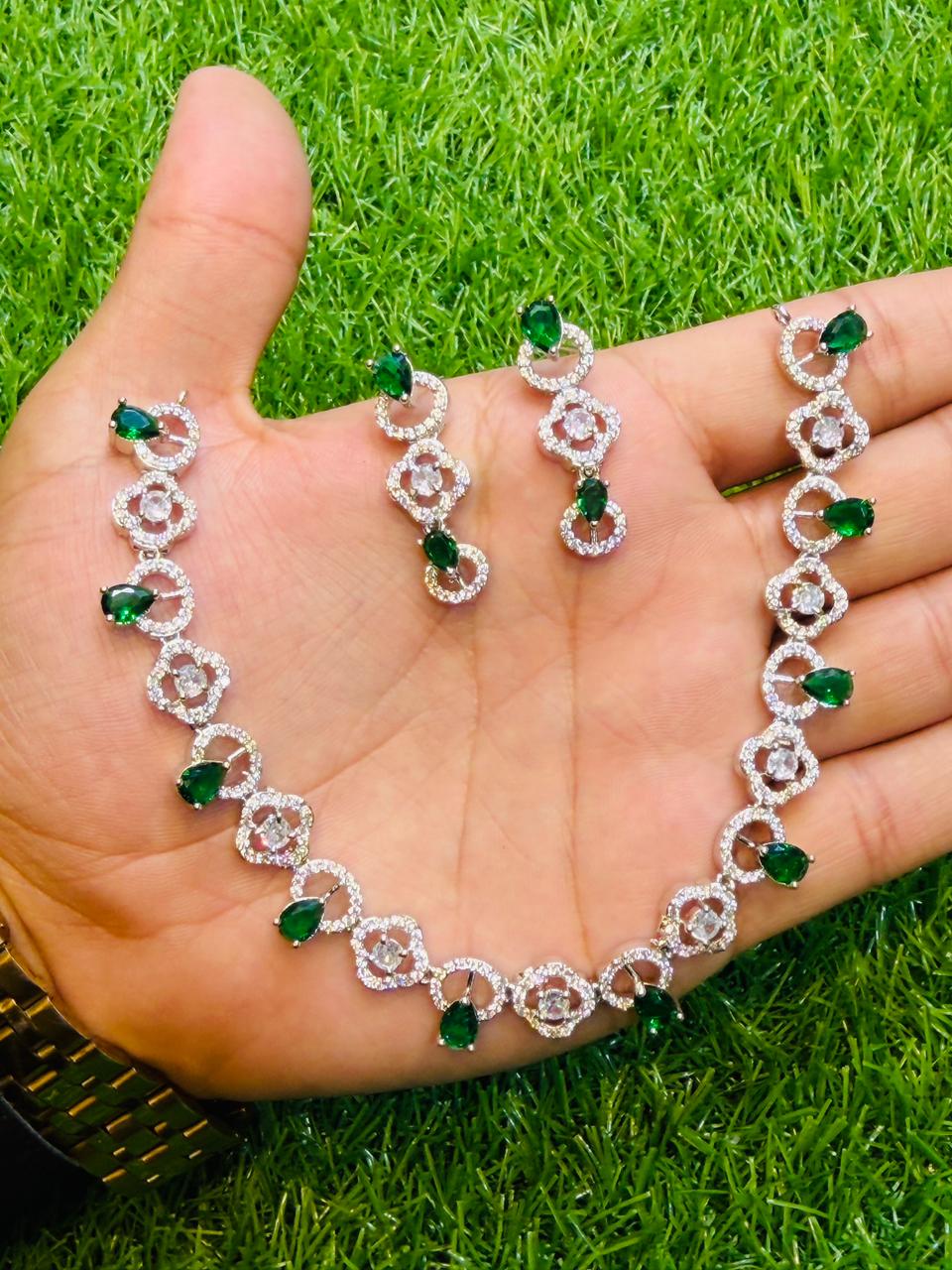 Green Colour One Carat Necklace Set With Earrings