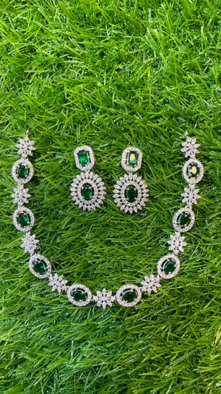 Green Colour One Carat Necklace Set With Earrings
