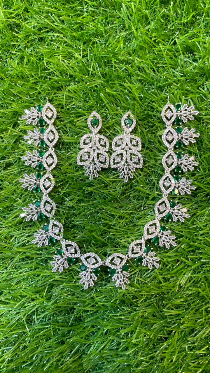 Green Colour One Carat Necklace Set With Earrings