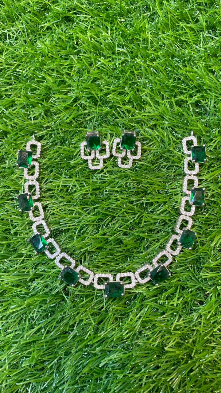 Green Colour One Carat Necklace Set With Earrings