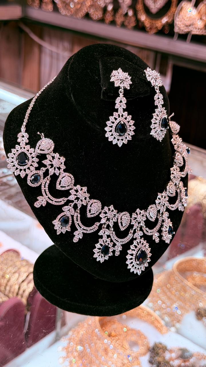 Navy Blue Colour One Carat Necklace Set With Earrings