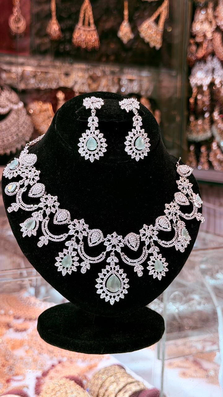 Mint Colour One Carat Necklace Set With Earrings and Tikka