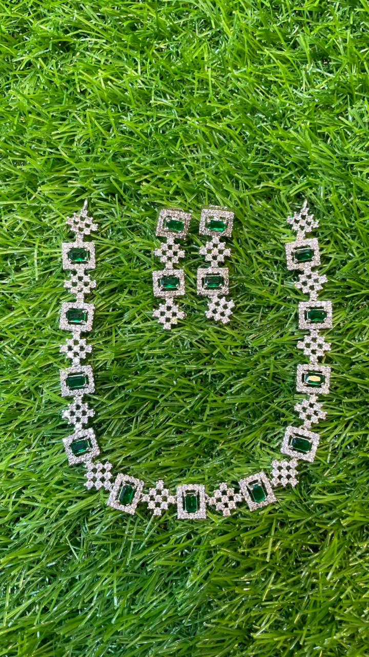 Green Colour One Carat Necklace Set With Earrings