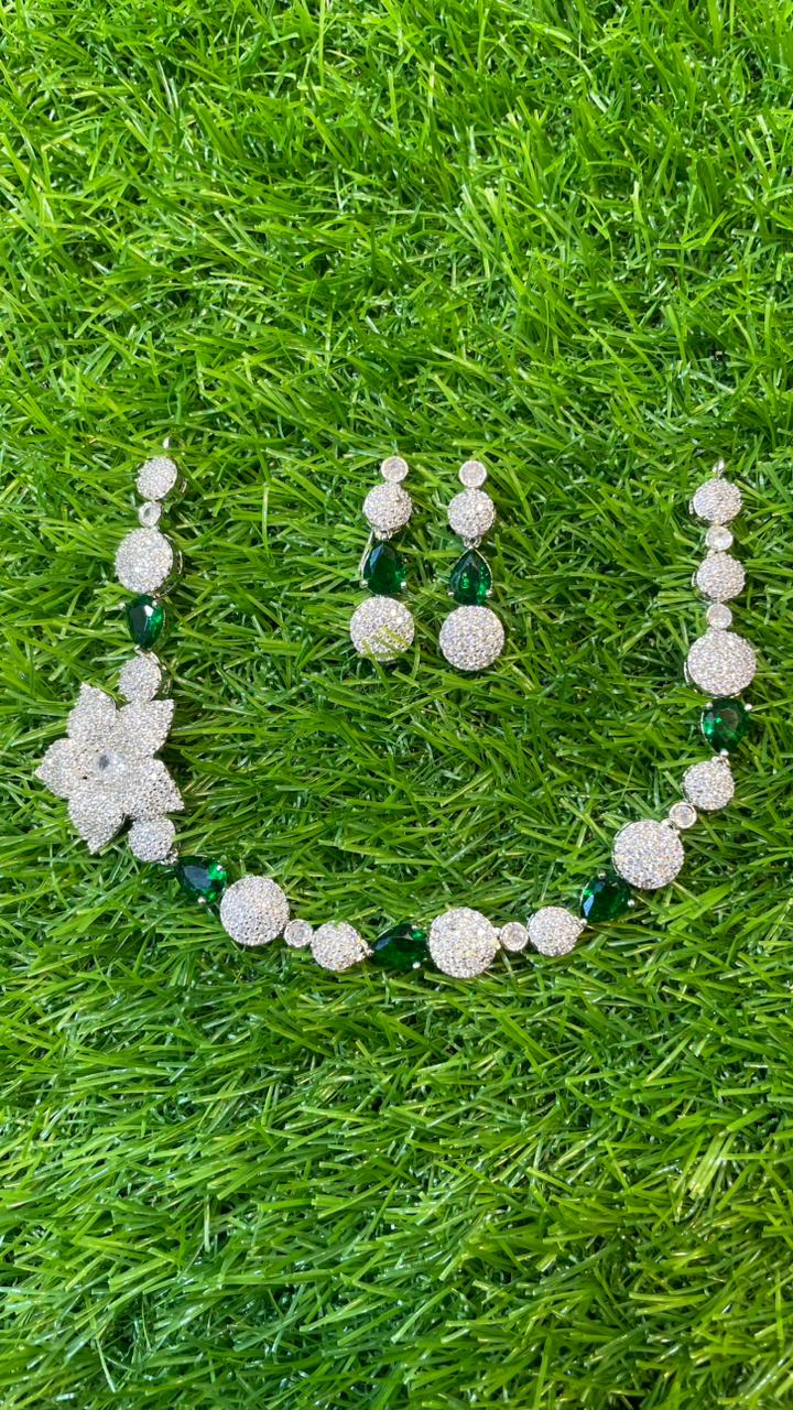 Green Colour One Carat Necklace Set With Earrings