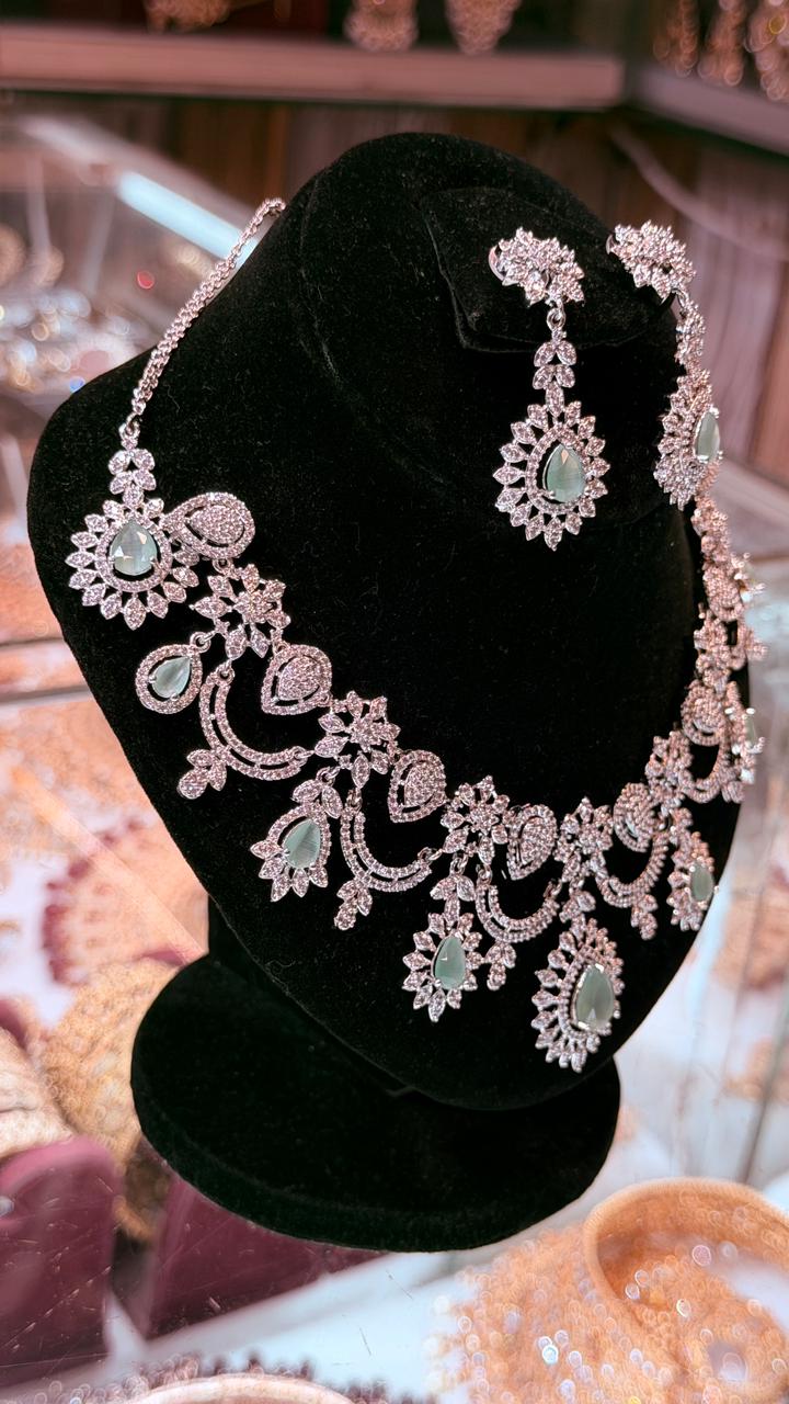 Mint Colour One Carat Necklace Set With Earrings and Tikka